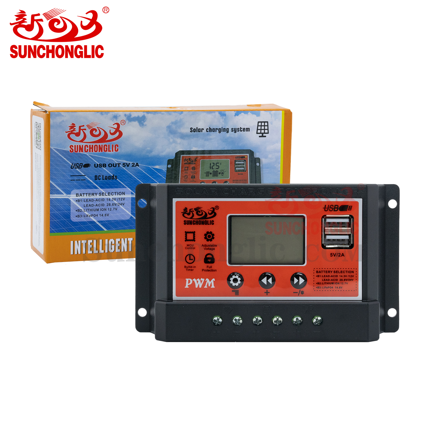 Sunchonglic 12V 24V 30A pwm solar controller solar charge controller with dual USB output